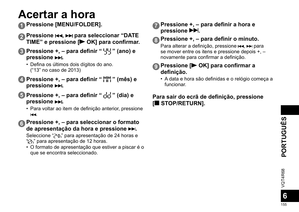 Acertar a hora | Panasonic RRUS310E User Manual | Page 155 / 293