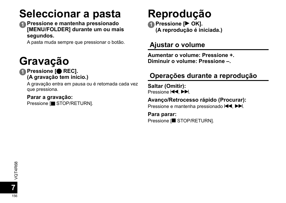 Seleccionar a pasta, Gravação, Reprodução | Panasonic RRUS310E User Manual | Page 156 / 293