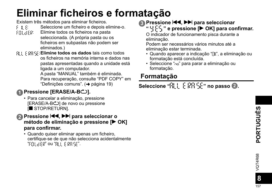 Eliminar ficheiros e formatação, Formatação | Panasonic RRUS310E User Manual | Page 157 / 293