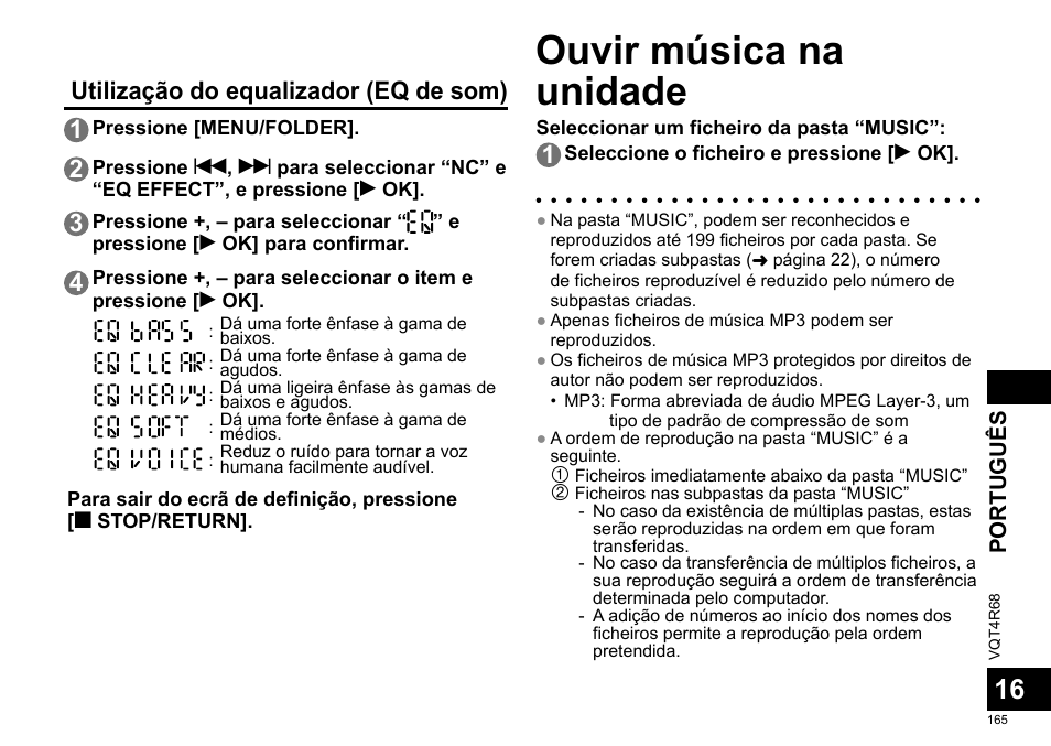 Ouvir música na unidade, Utilização do equalizador (eq de som) 1 | Panasonic RRUS310E User Manual | Page 165 / 293
