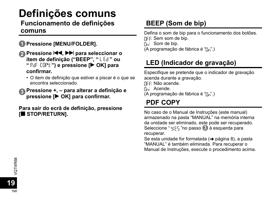 Definições comuns, Funcionamento de definições comuns, Beep (som de bip) | Led (indicador de gravação), Pdf copy | Panasonic RRUS310E User Manual | Page 168 / 293