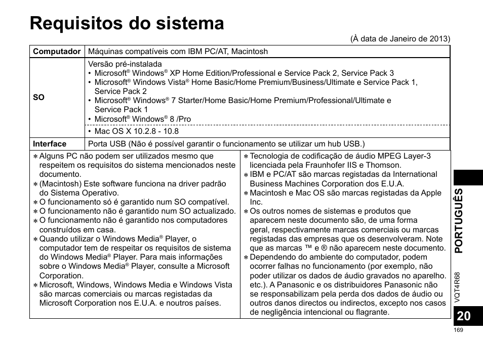 Requisitos do sistema, Português | Panasonic RRUS310E User Manual | Page 169 / 293