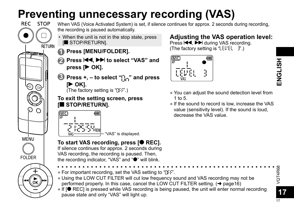 Preventing unnecessary recording (vas) | Panasonic RRUS310E User Manual | Page 17 / 293