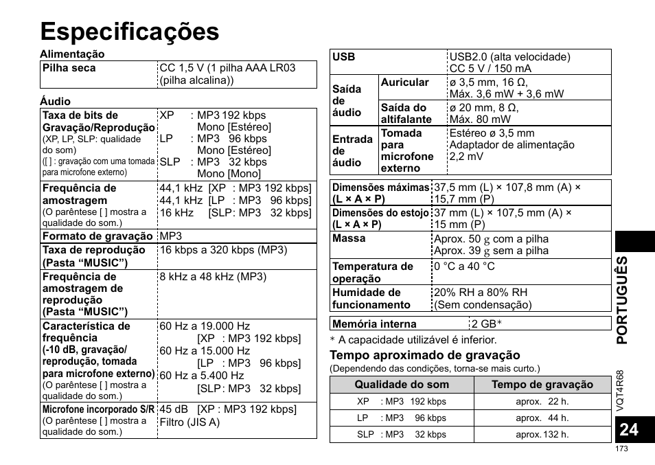 Especificações, Português | Panasonic RRUS310E User Manual | Page 173 / 293