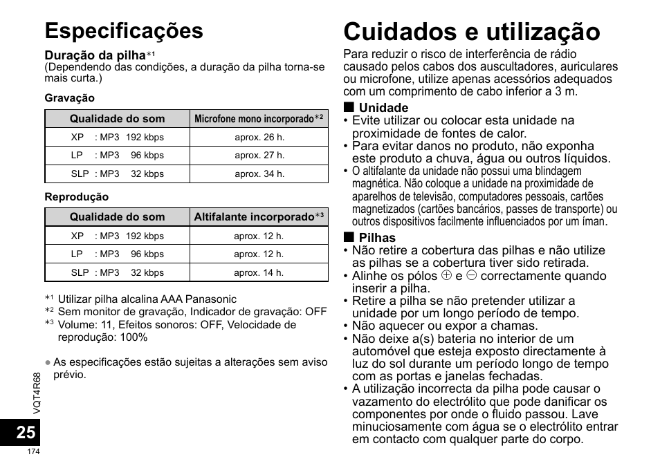 Cuidados e utilização, Especificações | Panasonic RRUS310E User Manual | Page 174 / 293