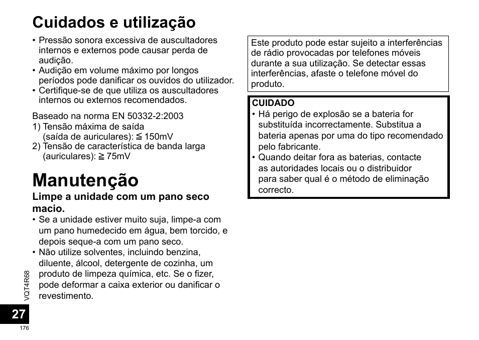 Manutenção, Cuidados e utilização | Panasonic RRUS310E User Manual | Page 176 / 293