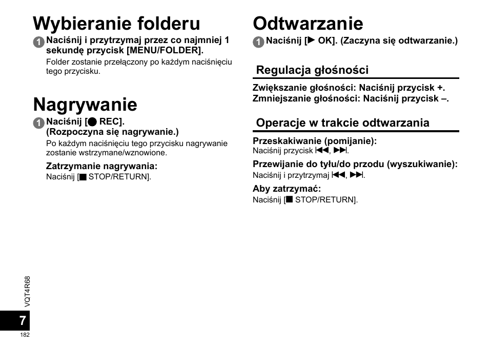 Wybieranie folderu, Nagrywanie, Odtwarzanie | Panasonic RRUS310E User Manual | Page 182 / 293