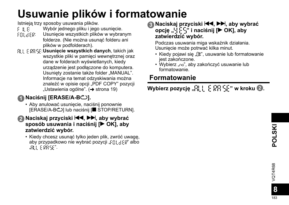 Usuwanie plików i formatowanie, Formatowanie | Panasonic RRUS310E User Manual | Page 183 / 293