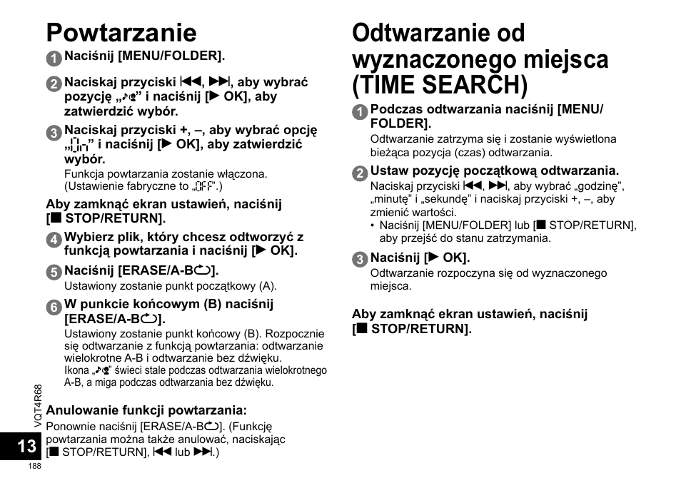 Powtarzanie, Odtwarzanie od wyznaczonego miejsca (time search) | Panasonic RRUS310E User Manual | Page 188 / 293