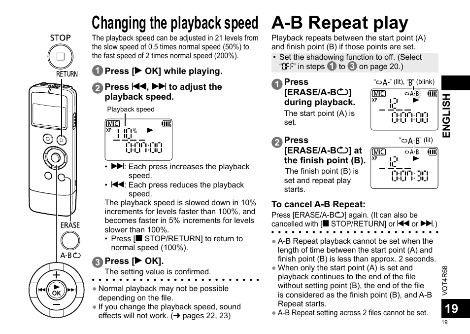 Changing the playback speed a-b repeat play, English | Panasonic RRUS310E User Manual | Page 19 / 293