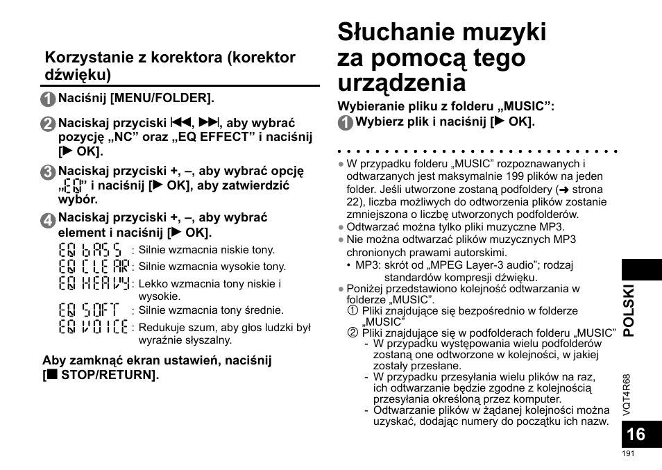 Słuchanie muzyki za pomocą tego urządzenia, Korzystanie z korektora (korektor dźwięku) 1 | Panasonic RRUS310E User Manual | Page 191 / 293