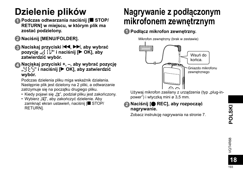 Dzielenie plików, Nagrywanie z podłączonym mikrofonem zewnętrznym | Panasonic RRUS310E User Manual | Page 193 / 293