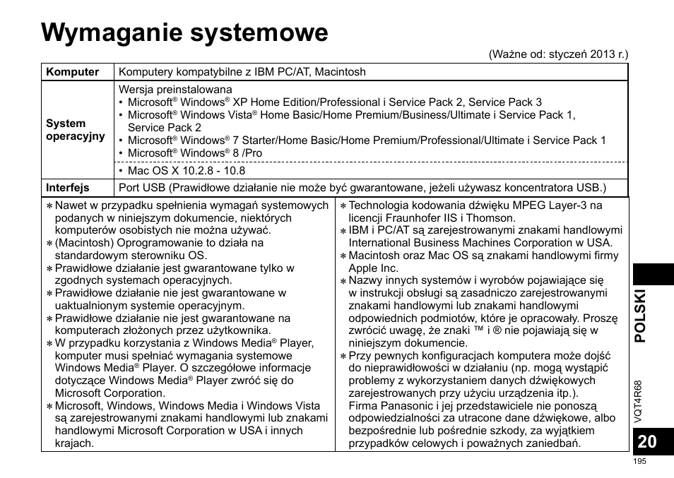 Wymaganie systemowe, Polski | Panasonic RRUS310E User Manual | Page 195 / 293