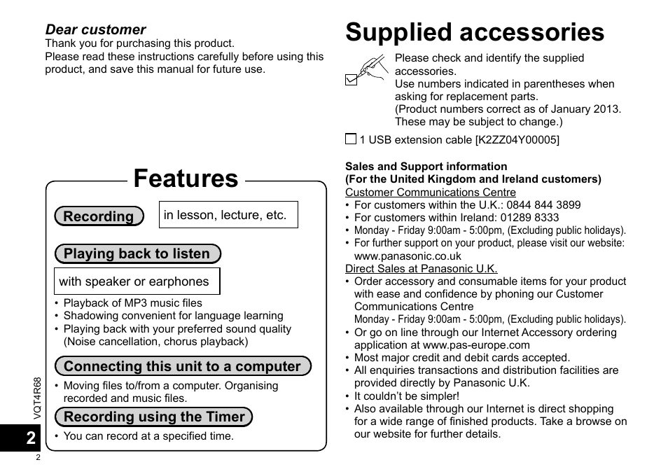 Operating instructions, Ic recorder, English | Features supplied accessories | Panasonic RRUS310E User Manual | Page 2 / 293