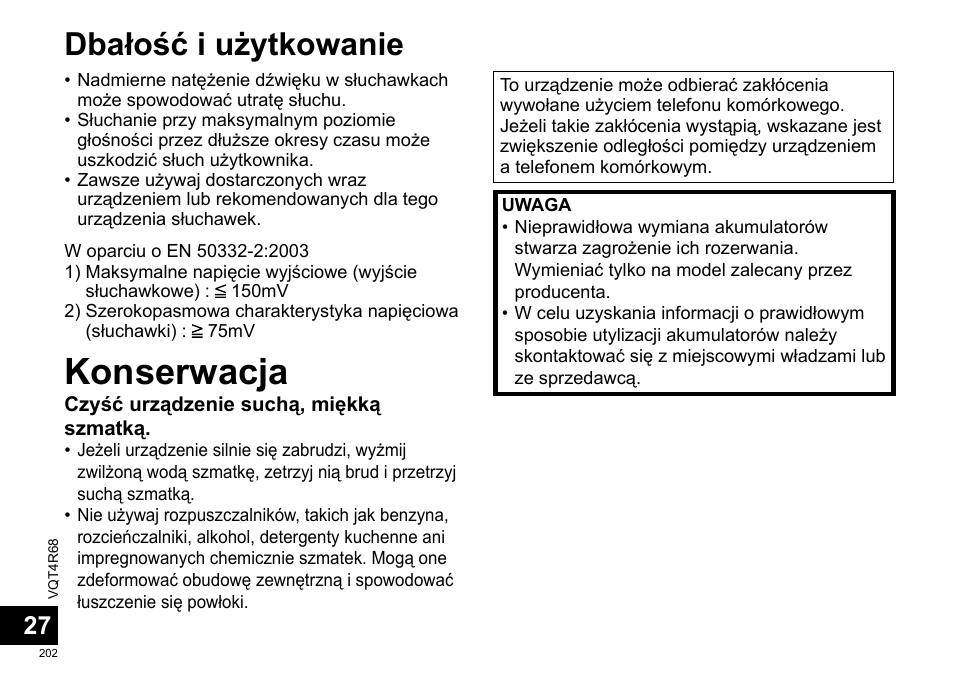 Konserwacja, Dbałość i użytkowanie | Panasonic RRUS310E User Manual | Page 202 / 293