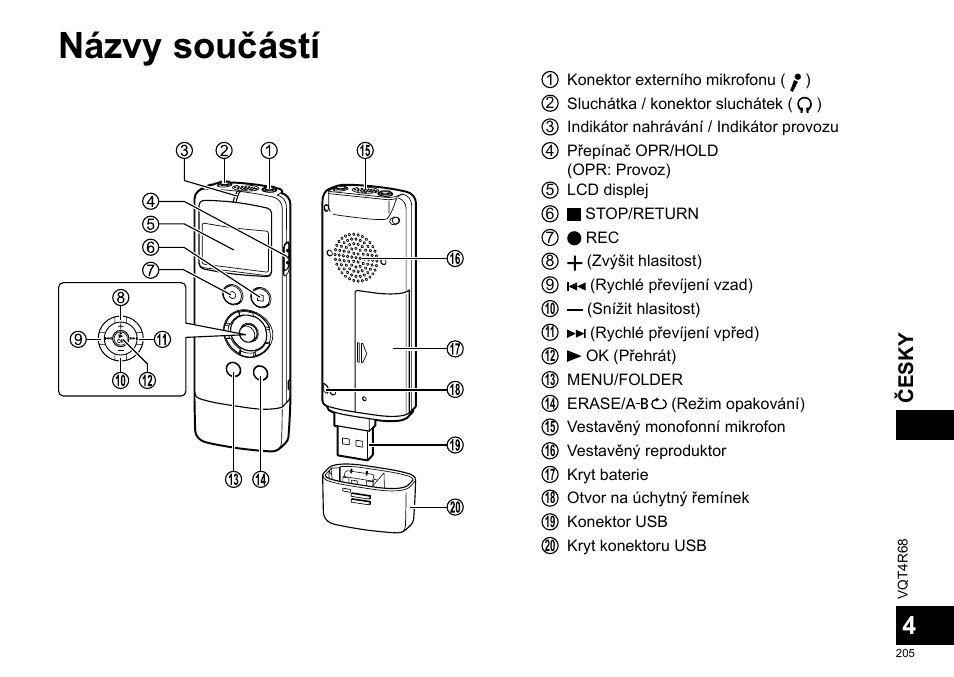 Názvy součástí, Česky | Panasonic RRUS310E User Manual | Page 205 / 293