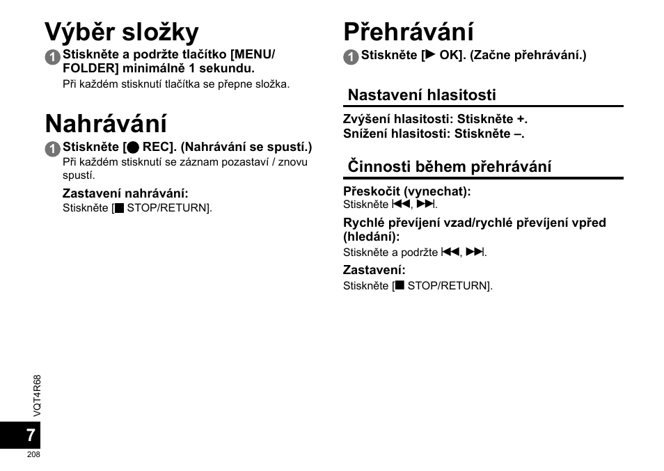Výběr složky, Nahrávání, Přehrávání | Panasonic RRUS310E User Manual | Page 208 / 293