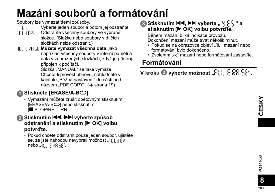 Mazání souborů a formátování, Formátování | Panasonic RRUS310E User Manual | Page 209 / 293