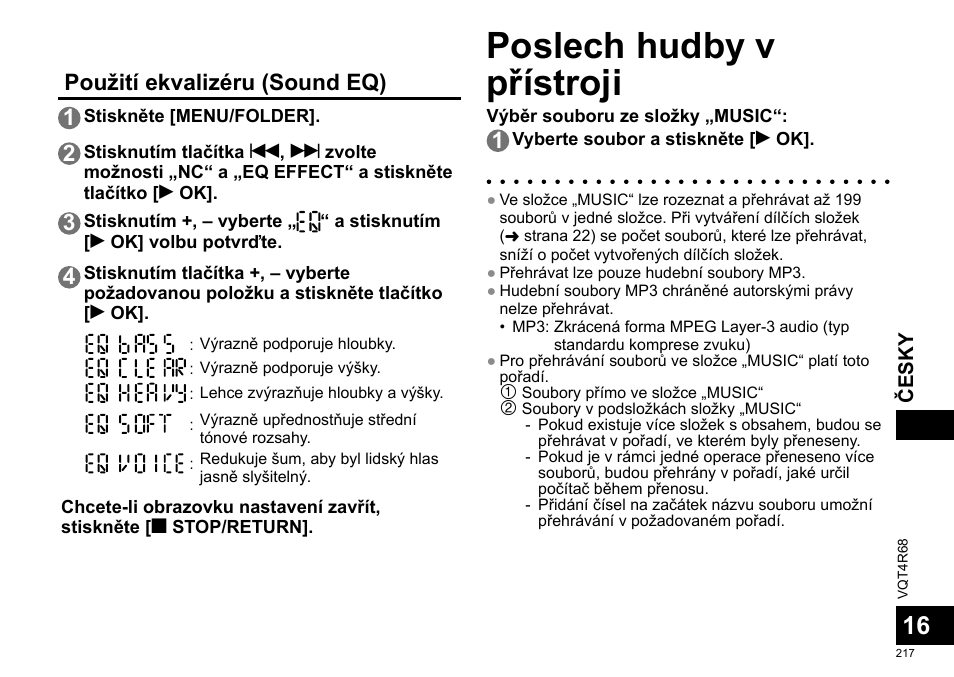 Poslech hudby v přístroji, Použití ekvalizéru (sound eq) 1 | Panasonic RRUS310E User Manual | Page 217 / 293