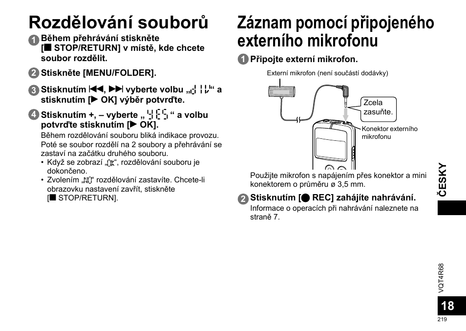 Rozdělování souborů, Záznam pomocí připojeného externího mikrofonu | Panasonic RRUS310E User Manual | Page 219 / 293
