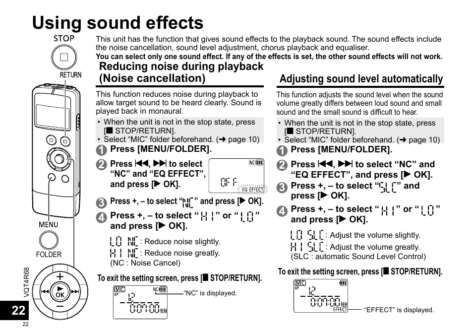 Using sound effects, Adjusting sound level automatically | Panasonic RRUS310E User Manual | Page 22 / 293