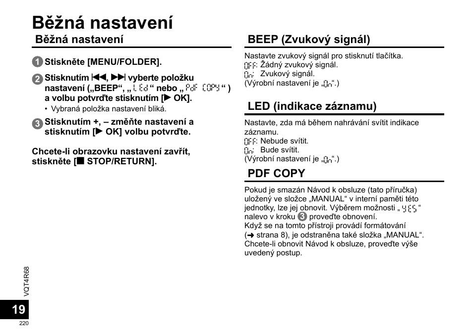 Běžná nastavení, Beep (zvukový signál), Led (indikace záznamu) | Pdf copy | Panasonic RRUS310E User Manual | Page 220 / 293