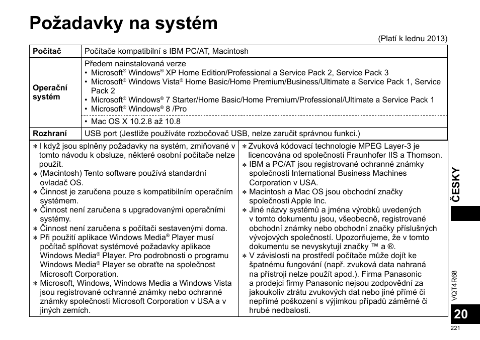 Požadavky na systém, Česky | Panasonic RRUS310E User Manual | Page 221 / 293