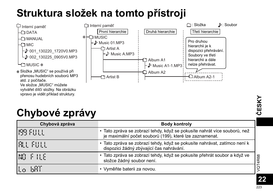 Struktura složek na tomto přístroji chybové zprávy, Česky | Panasonic RRUS310E User Manual | Page 223 / 293