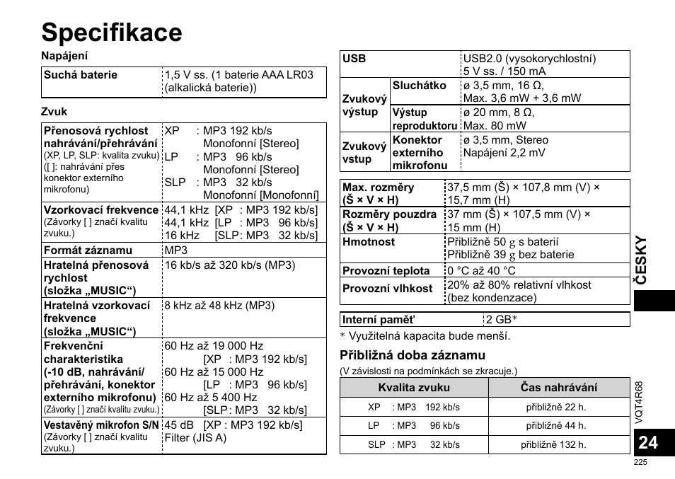 Specifikace, Česky | Panasonic RRUS310E User Manual | Page 225 / 293