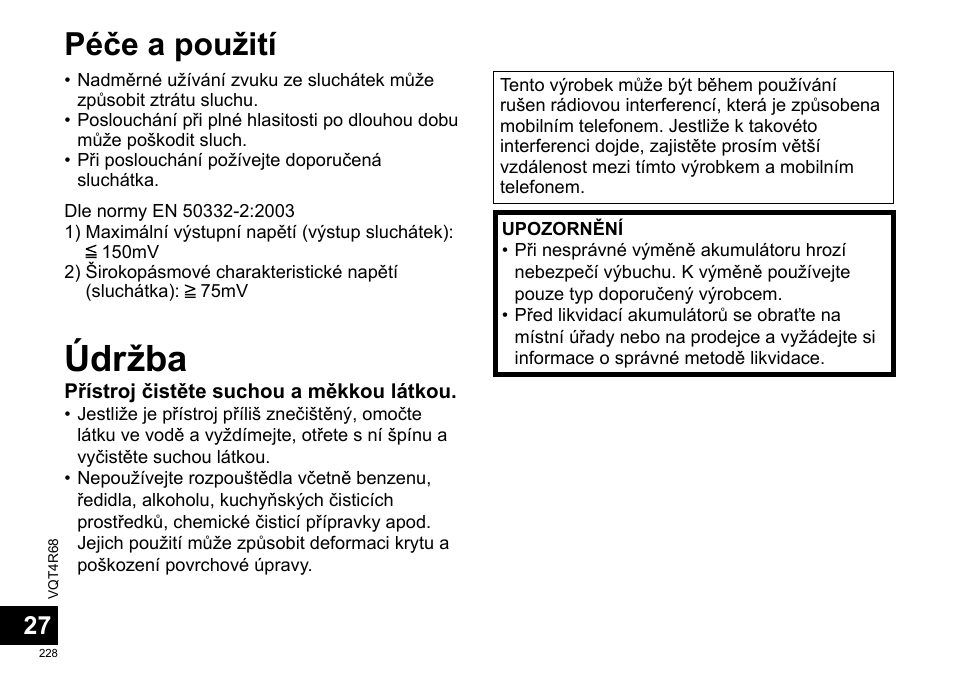 Údržba, Péče a použití | Panasonic RRUS310E User Manual | Page 228 / 293