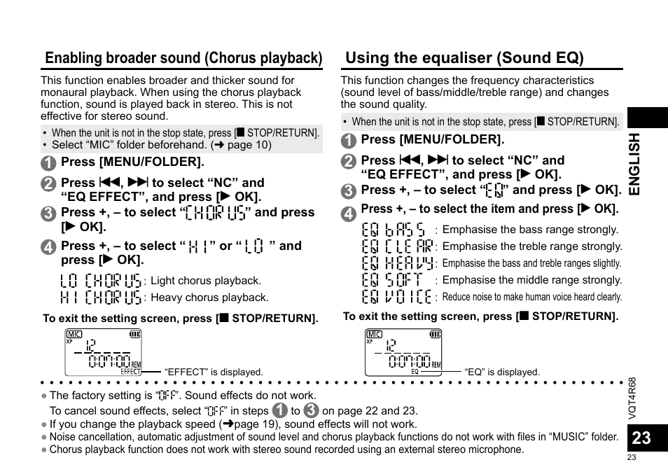 Enabling broader sound (chorus playback), Using the equaliser (sound eq) | Panasonic RRUS310E User Manual | Page 23 / 293