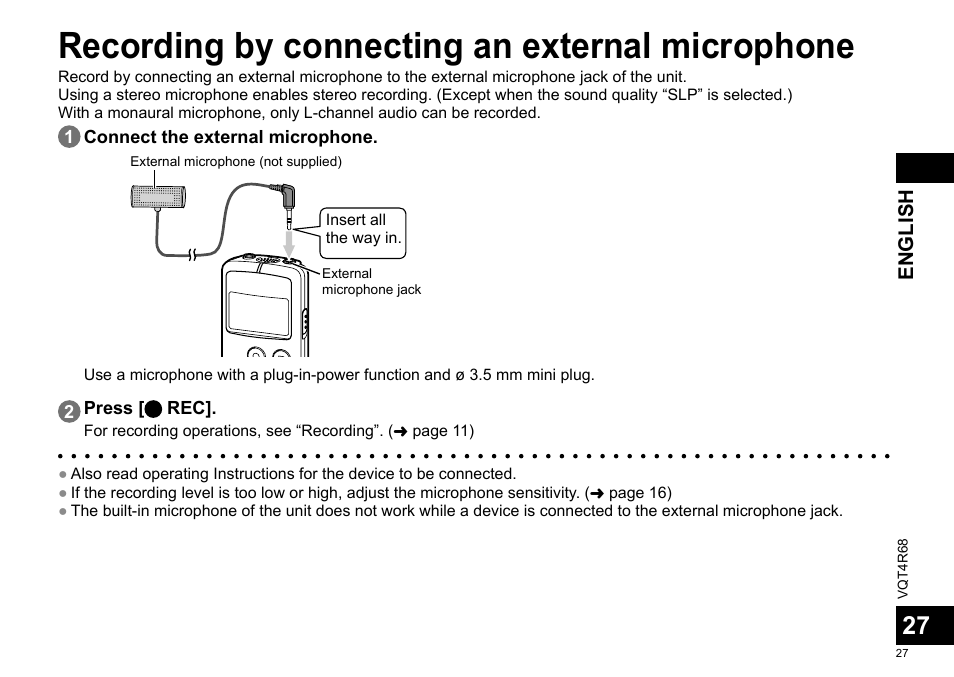 Recording by connecting an external microphone | Panasonic RRUS310E User Manual | Page 27 / 293