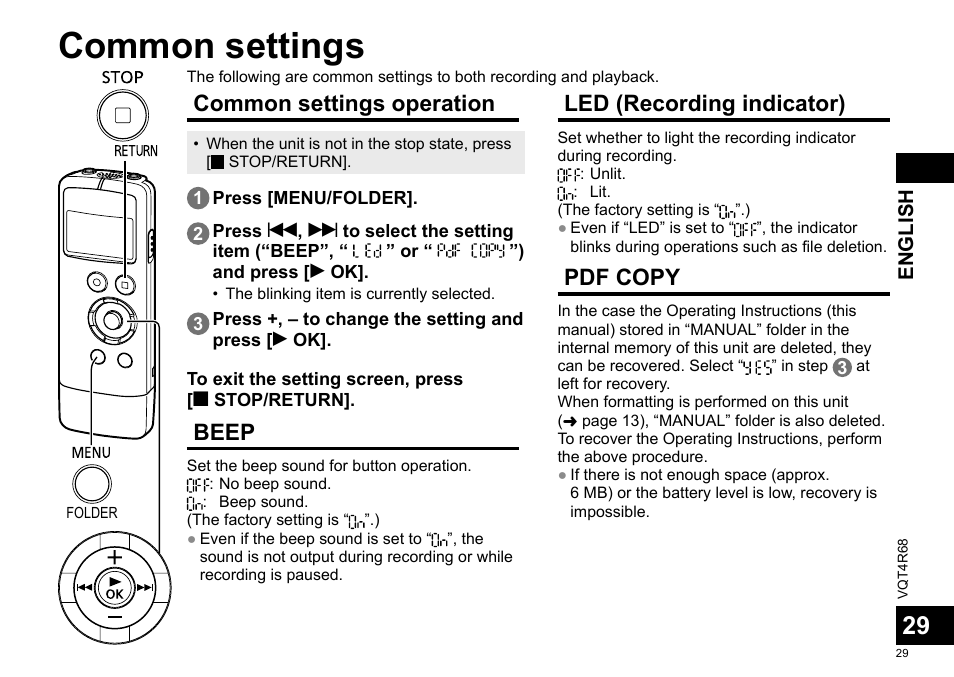 Common settings, Common settings operation, Beep | Led (recording indicator), Pdf copy | Panasonic RRUS310E User Manual | Page 29 / 293