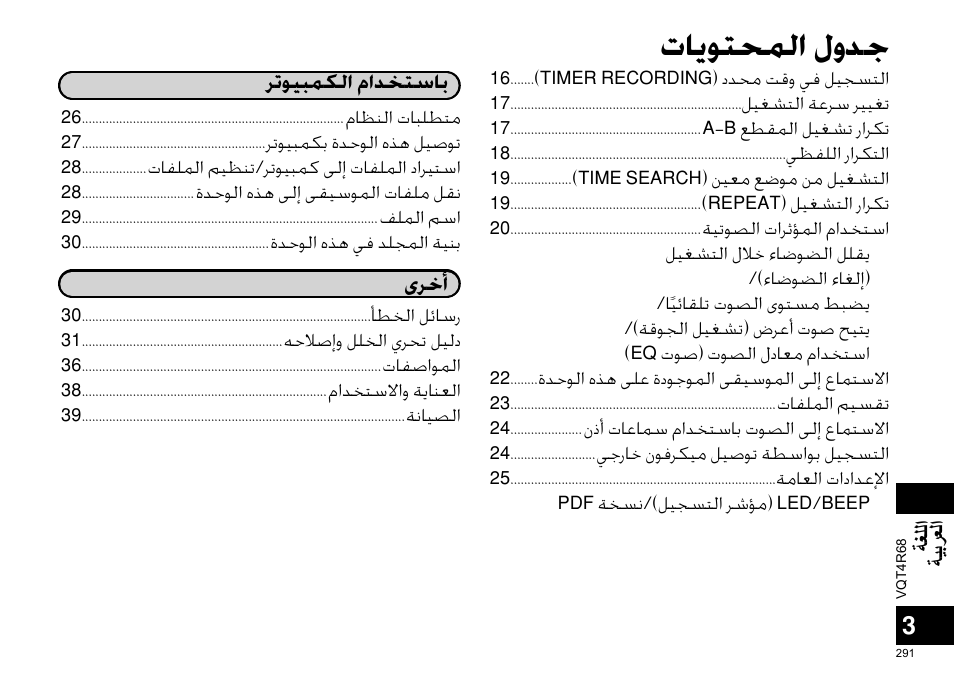 ﺕﺎﻳﻮﺘﺤﻤﻟﺍ ﻝﻭﺪﺟ | Panasonic RRUS310E User Manual | Page 291 / 293