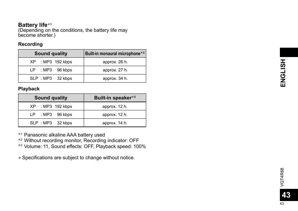 English, Battery life | Panasonic RRUS310E User Manual | Page 43 / 293
