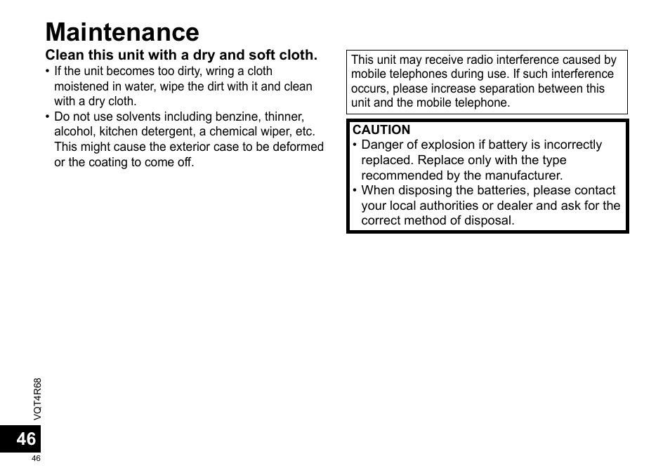 Maintenance | Panasonic RRUS310E User Manual | Page 46 / 293