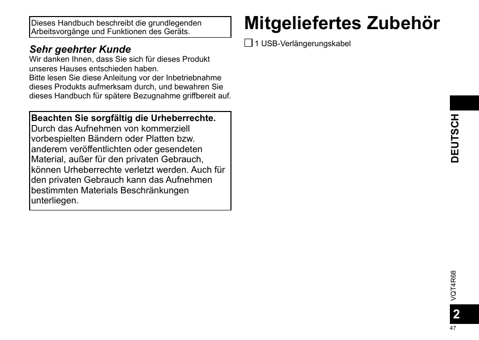 Bedienungsanleitung, Digitales diktiergerät, Deutsch | Mitgeliefertes zubehör | Panasonic RRUS310E User Manual | Page 47 / 293