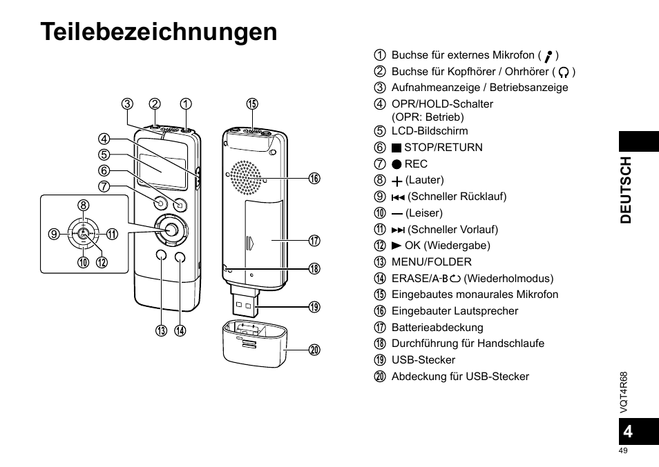 Teilebezeichnungen, Deutsch | Panasonic RRUS310E User Manual | Page 49 / 293