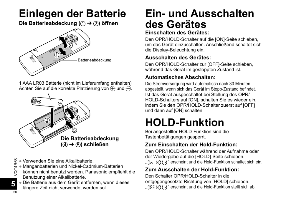 Ein- und ausschalten des gerätes hold-funktion, Einlegen der batterie | Panasonic RRUS310E User Manual | Page 50 / 293