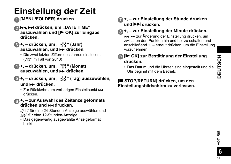 Einstellung der zeit | Panasonic RRUS310E User Manual | Page 51 / 293