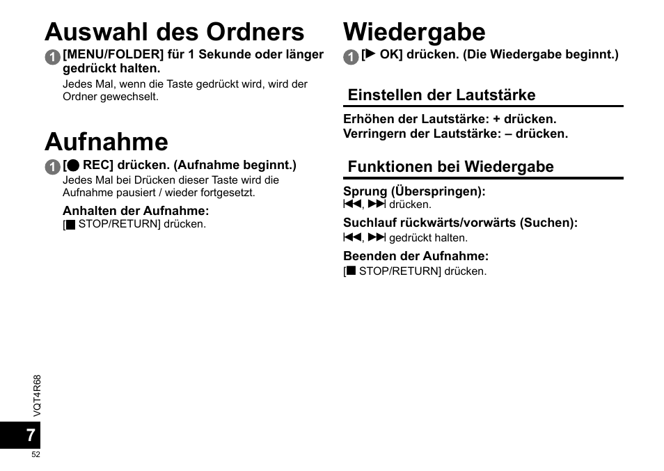 Auswahl des ordners, Aufnahme, Wiedergabe | Panasonic RRUS310E User Manual | Page 52 / 293