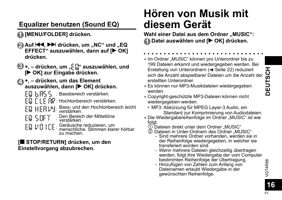 Hören von musik mit diesem gerät, Equalizer benutzen (sound eq) 1 | Panasonic RRUS310E User Manual | Page 61 / 293