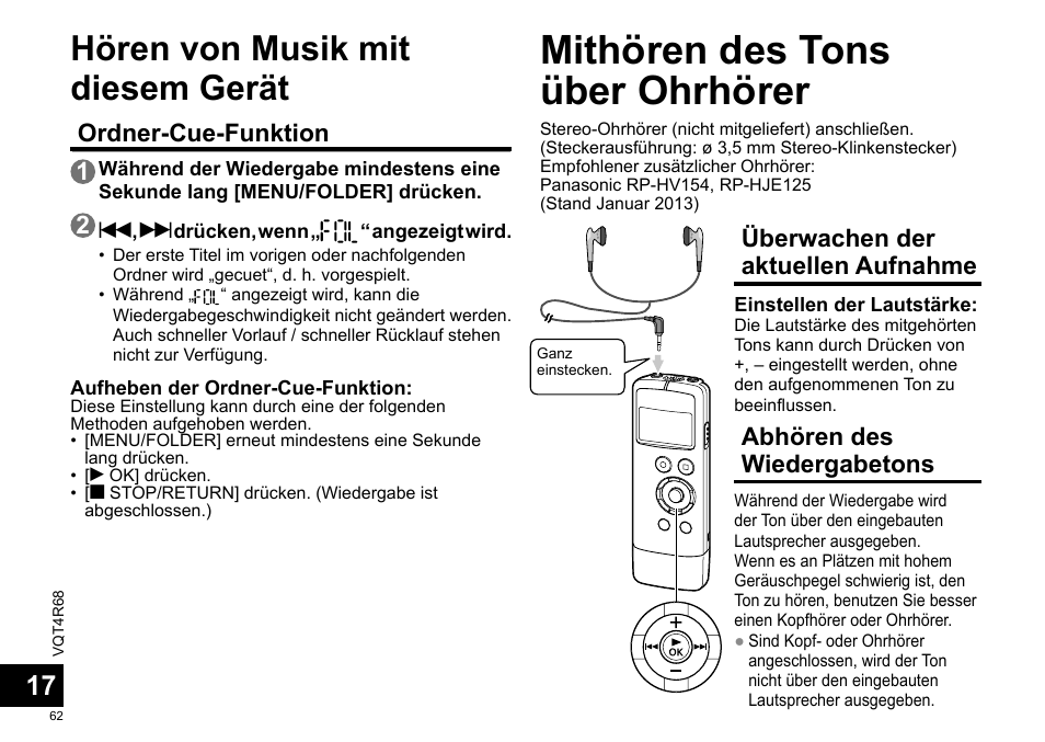 Mithören des tons über ohrhörer, Hören von musik mit diesem gerät, Überwachen der aktuellen aufnahme | Abhören des wiedergabetons, Ordner-cue-funktion 1 | Panasonic RRUS310E User Manual | Page 62 / 293