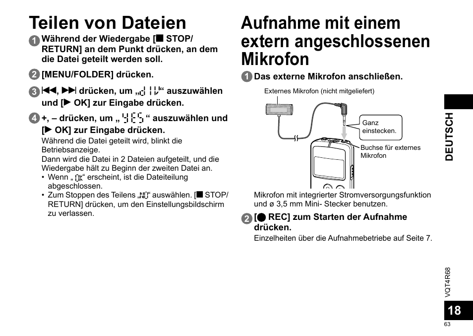 Teilen von dateien, Aufnahme mit einem extern angeschlossenen mikrofon | Panasonic RRUS310E User Manual | Page 63 / 293