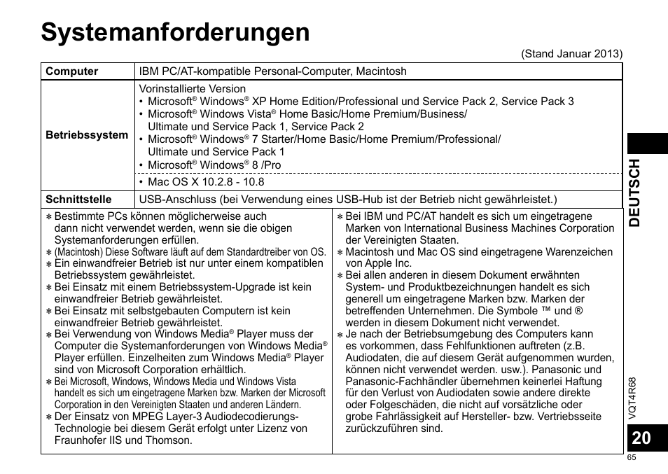 Systemanforderungen, Deutsch | Panasonic RRUS310E User Manual | Page 65 / 293