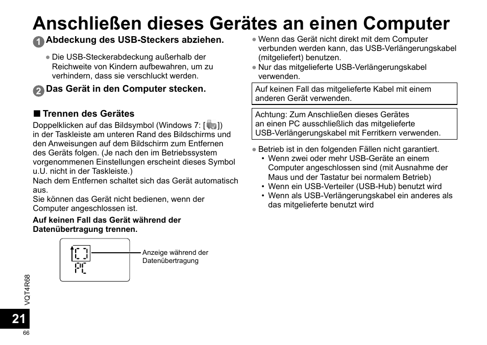 Anschließen dieses gerätes an einen computer | Panasonic RRUS310E User Manual | Page 66 / 293