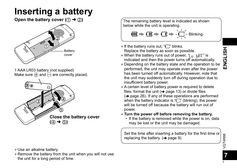 Inserting a battery, English | Panasonic RRUS310E User Manual | Page 7 / 293