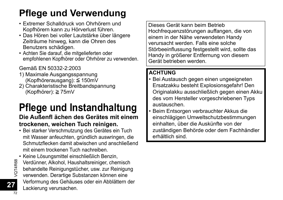 Pflege und instandhaltung, Pflege und verwendung | Panasonic RRUS310E User Manual | Page 72 / 293