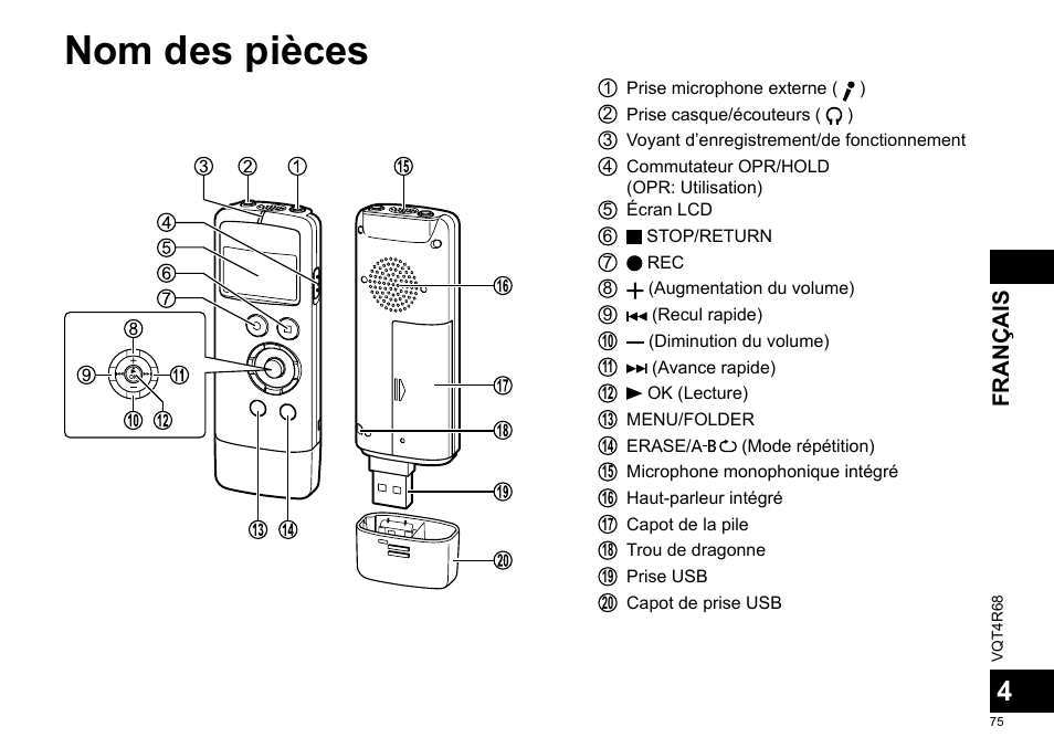 Nom des pièces, Français | Panasonic RRUS310E User Manual | Page 75 / 293