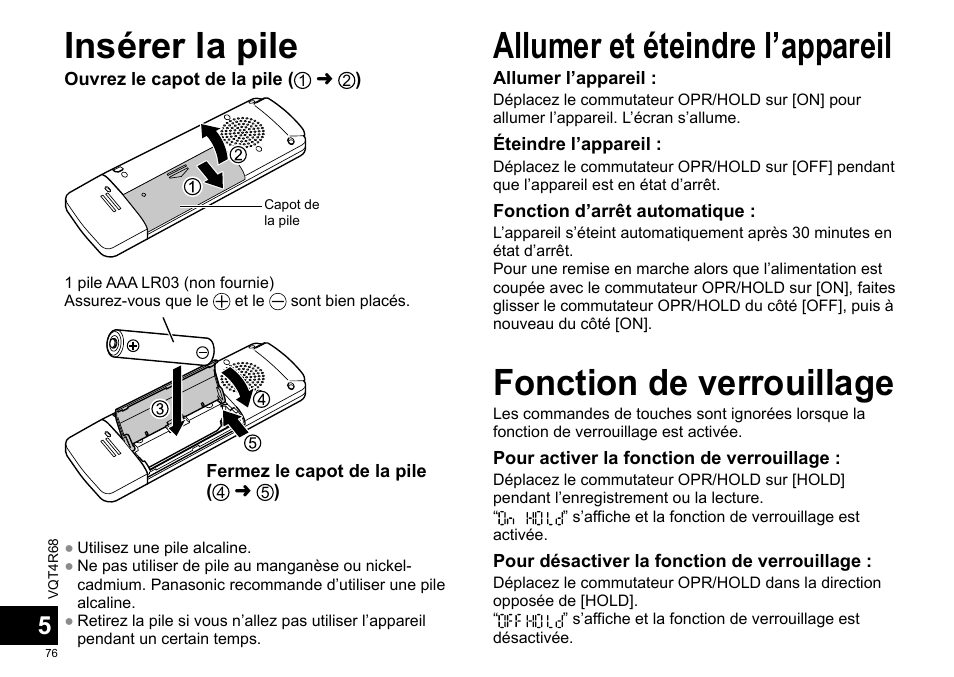 Insérer la pile | Panasonic RRUS310E User Manual | Page 76 / 293